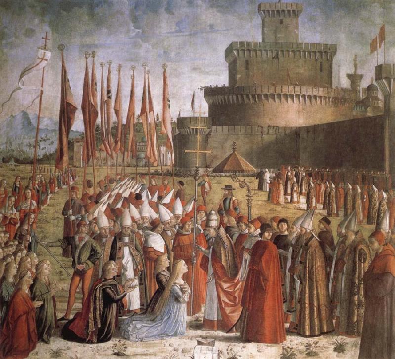 CARPACCIO, Vittore Scenes from the Life of St Ursula:The Pilgrims are met by Pope Cyriacus in front of the Walls of Rome Germany oil painting art
